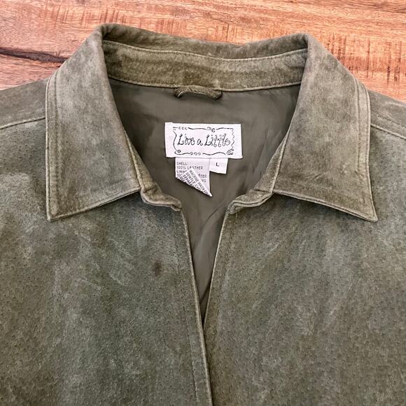 Vintage Live a Little Womens Suede Jacket L 90s Grunge Collared Snap Olive Green - Picture 14 of 16